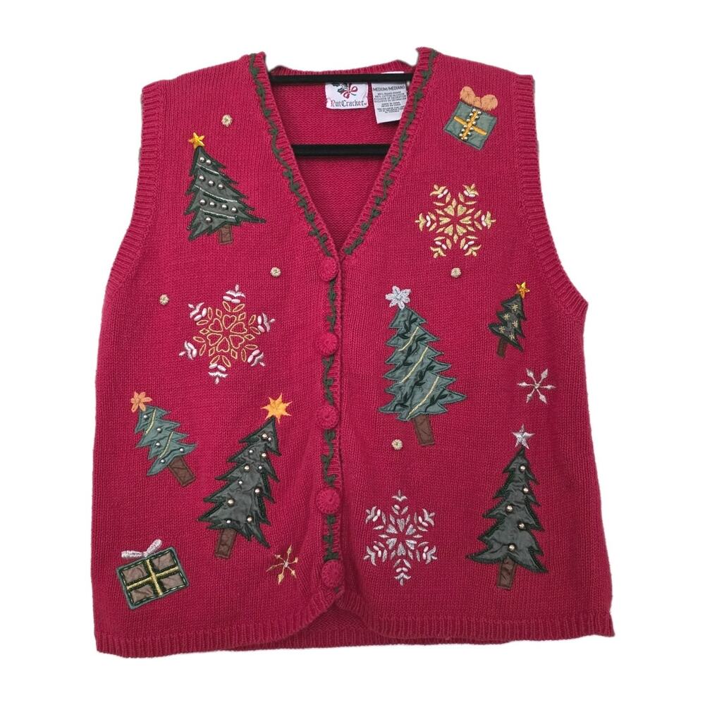 Vintage Artsy Christmas Vest Womens M Red Trees Presents Ugly Sweater Cabincore
